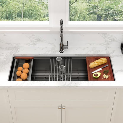 Sarlai 45 Black Undermount Kitchen Sink Workstation NANO-PVD Kitchen Sink with Ledge Round Corner 16 Gauge Stainless Steel Gunmetal Black Single Bowl Sinks Basin 45"x19"x10"