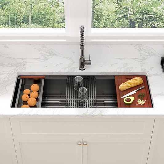 Sarlai 45 Black Undermount Kitchen Sink Workstation NANO-PVD Kitchen Sink with Ledge Round Corner 16 Gauge Stainless Steel Gunmetal Black Single Bowl Sinks Basin 45"x19"x10"