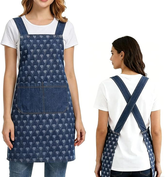 Adult Jour Apron, Lightweight Cotton Apron with Front Pocket, Denim Cross Back Aprons, Durable & Stain-Resistant