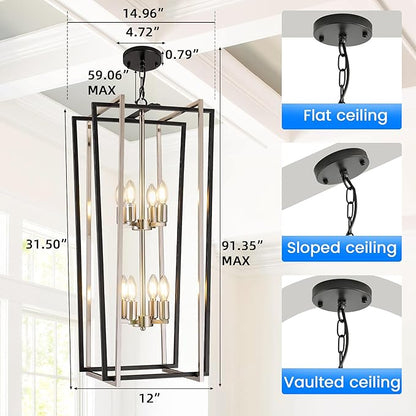 WJShome 8-Light Modern Chandelier, Farmhouse Foyer Lighting Fixtures, Chandeliers for High Ceilings, Black and Silver Lantern Pendant Light Fixtures, for Staircase, Entryway Hallway