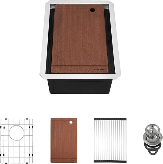 Undermount Kitchen Bar Sink 14 x 19 Inch, SINKVINE Workstation Prep Sink for Outdoor RV, Stainless Steel Single Bowl Basin with Drain Strainer, Bottom Grid, Wood Cutting Board and Roll-up Drying Unit