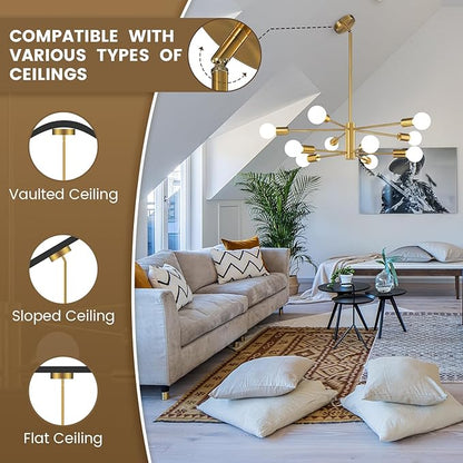 KAISITE Modern Chandelier Ceiling Light Fixture Sputnik Chandelier 10-Light Gold Chandelier for Dining Room Over Table Height Adjustable Lighting Fixture Ceiling Hanging for Kitchen Living Room