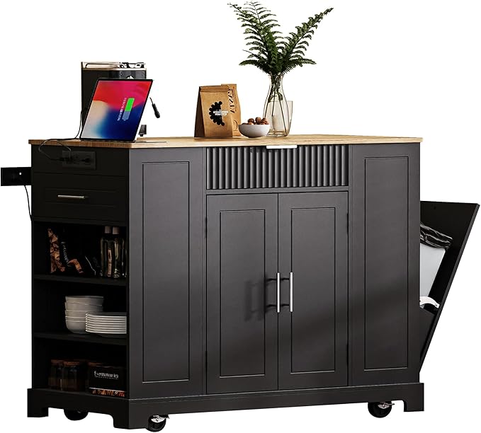 Modern Dining Table Kitchen Island with, Fluted Drawers, Power Outlet, Shelves, Mobile Rolling Cart with Trash Can Cabinet, 3 Drawers and Open Side Racks,Black-MDF