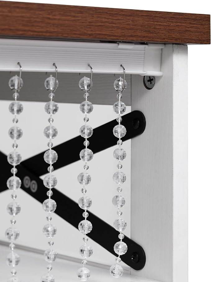 Ball & Cast Farmhouse Kitchen Island with Drape of Beads & Power Outlet, Rolling Kitchen Cart on 5 Wheels, 3 Drawers, Internal Iron Shelf & Towel Rack, for Kitchen & Dining Room, White