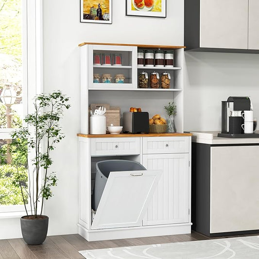 Giantex 68” Tall Kitchen Pantry, Buffet Hutch w/Tilt Out Trash Can Storage Cabinet, 2 Drawer, Shelves, Rubber Wood Microwave Countertop, Wood Sideboard Cupboard for Home Coffee Bar (White & Natural)
