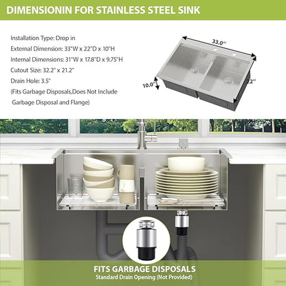 33-inch Drop In Kitchen Sink - Double Bowl 50/50 Multifunctional Workstation Kitchen Sink, 304 Stainless Steel 16 Gauge Above Counter Deep Sinks for Kitchen with Mixing Bowl, 33''x22''x10''