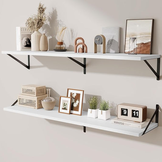 Acovy 48inch Floating Shelves for Wall,10" Deep Floating Shelves with Metal Brackets,Wall Mounted Hanging Floating Shelf,Wide Display Shelves for Living Room,Bedroom,Office,Kitchen,White