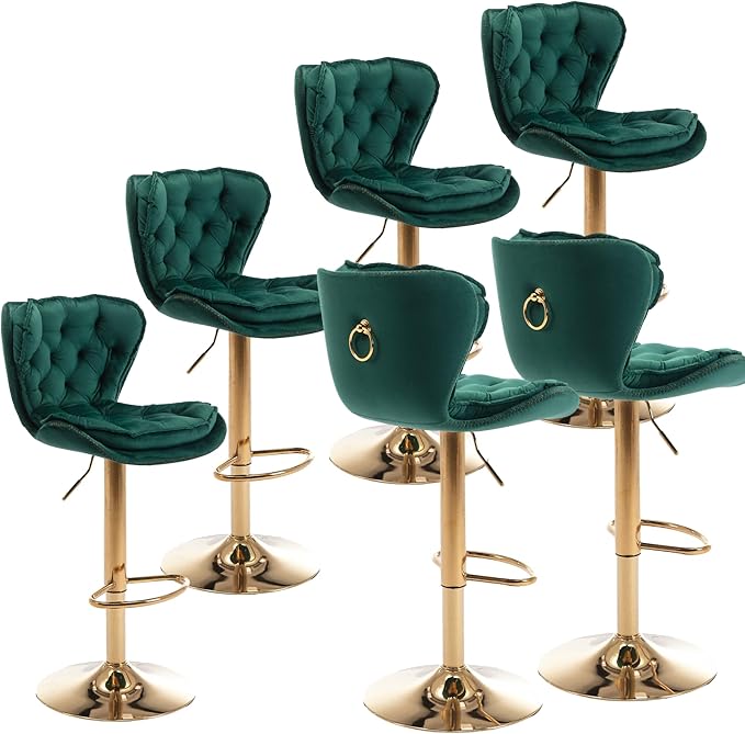 Rhomtree 24-33 Inch Swivel Bar Stools, Adjustable Counter Height Barstools, Velvet Back and Golden Footrest, Bar Chairs for Kitchen Island, Cafe, Bar, Bar Counter, Dining Room, Coffee(Green Set of 6)