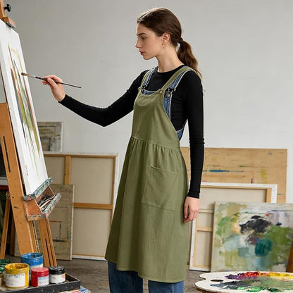 Cityelf Vintage Pinafore Apron Dress Snap Adjust Linen Cotton with Pockets Floral Aprons for Cooking Gardening