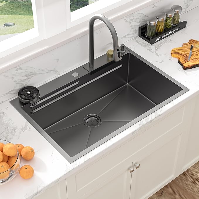 Sarlai 30 Inch Waterfall Kitchen Sink Workstation - 30x22 Black Waterfall Drop In Sink Stainless Steel 16 Gauge Sink Multifunction Single Bowl Smart Top Mount Kitchen Sinks with Faucet Combo