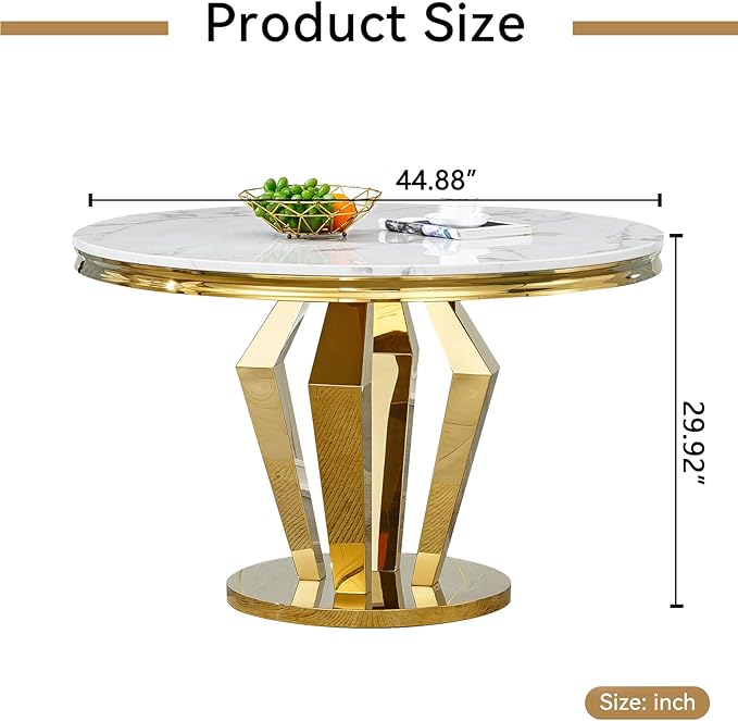 Round Marble Dining Table for 4 6，Modern 45" White Gold Kitchen Table with Faux Marble Top & Diamond Design Pedestal Base, American-Style Round Dining Room Dinner Table,Home Kitchen Furniture