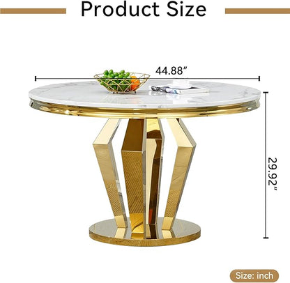 Round Marble Dining Table for 4 6，Modern 45" White Gold Kitchen Table with Faux Marble Top & Diamond Design Pedestal Base, American-Style Round Dining Room Dinner Table,Home Kitchen Furniture