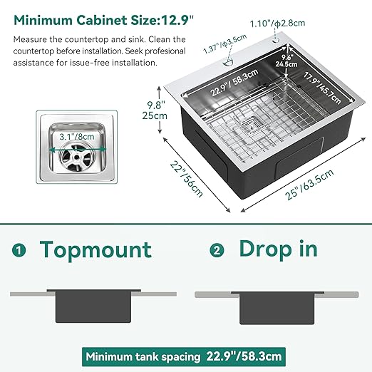 YITAHOME Drop In Kitchen RV Sink 25 in Top mount 304 Stainless Steel Single Bowl Sink with Accessories for Workstation, Bar Sinks 25 x 22 x 10 Inch