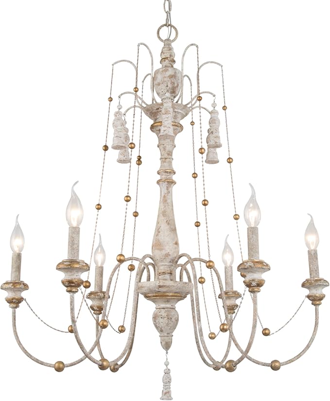 LALUZ Farmhouse Chandelier, 6-Light Distressed Wood Chandeliers for Dining Room, French Country Lighting Lights Fixtures with Bead Strings, 29.1" L x 37.8" H