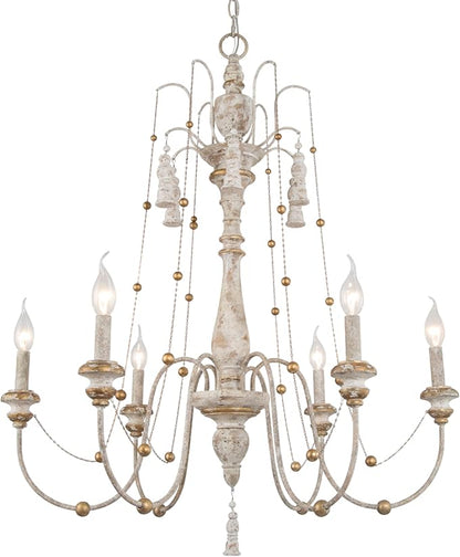 LALUZ Farmhouse Chandelier, 6-Light Distressed Wood Chandeliers for Dining Room, French Country Lighting Lights Fixtures with Bead Strings, 29.1" L x 37.8" H