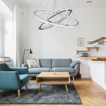 Finktonglan Dimmable Crystal Chandelier, Modern 2 Ring Oval LED Chandelier with Remote & App Control, 23.6"+20" Adjustable Pendant Light, 3 CCT 2500K/4500K/6500K, Kitchen Island Dining Room Bedroom