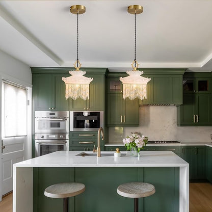 Brass Vintage Glass Pendant Light Cream Style Glass Tassel Chandelier,Adjustable Height Pendant Lights for Dining Room Kitchen Island Bedroom Hallway