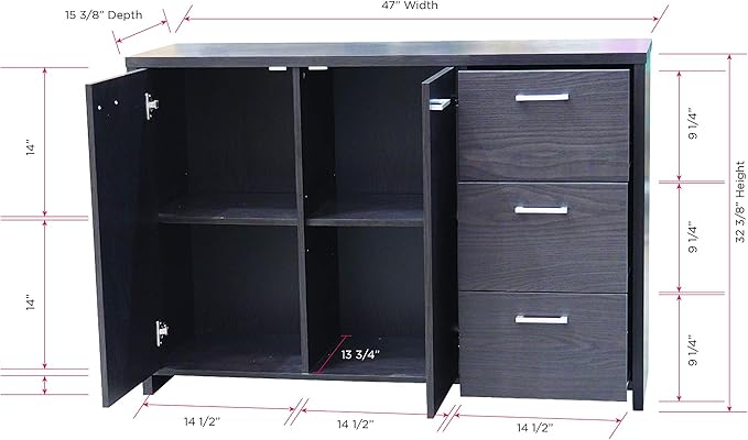 Kings Brand Furniture 47” Sideboard Buffet Cabinet – Modern Credenza Storage Console with 2 Doors, 3 Drawers & Adjustable Shelves, Oak Chocolate Dining Room & Kitchen Accent Cabinet