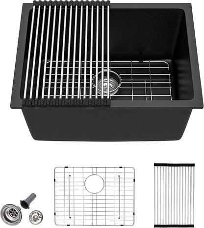 24 Undermount Laundry Sink - Fulorni 24"x18" Laundry Room Utility Sink Undermount Matte Black Granite Composite Quartz Classic 12 Inch Deep Single Bowl Under Counter Basin