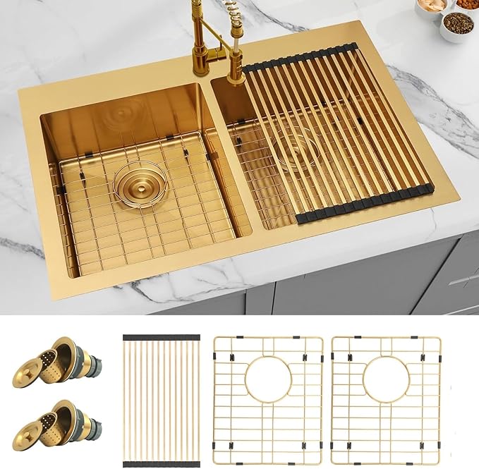 Gold Kitchen Sink,33 X 22 inch Drop in Kitchen Sinks Double Bowl,16 Gauge Stainless Steel 50/50 Double Sink,Top Mount/Drop In Double Kitchen Sink 33 inch