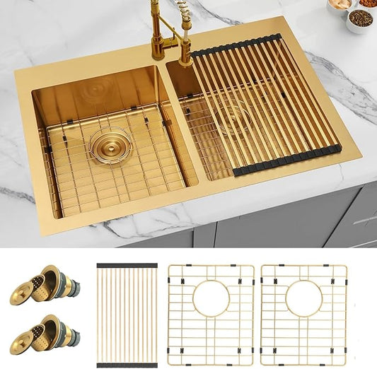 Gold Kitchen Sink,33 X 22 inch Drop in Kitchen Sinks Double Bowl,16 Gauge Stainless Steel 50/50 Double Sink,Top Mount/Drop In Double Kitchen Sink 33 inch