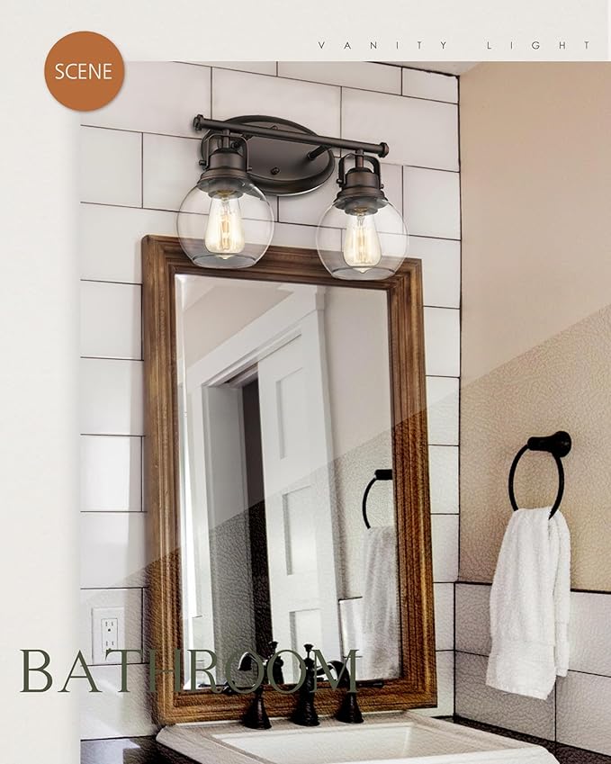 Farmhouse Vintage Bathroom Light Fixtures, 2-Light Wall Mount Lighting Sconce Over Mirror, Oil Rubbed Bronze Vanity Lights with Globe Clear Glass, AD-2147-2W