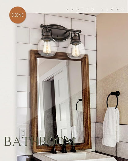Farmhouse Vintage Bathroom Light Fixtures, 2-Light Wall Mount Lighting Sconce Over Mirror, Oil Rubbed Bronze Vanity Lights with Globe Clear Glass, AD-2147-2W