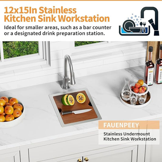 12x15In Kitchen And Bar Workstation Sink- Small Stainless Steel Undermount Single Bowl Bar Sink Built-in Ledge Drop In Workstation Sink With Accessory-SS Grid Cutting Board,Silicon Mat,Drain Assembly