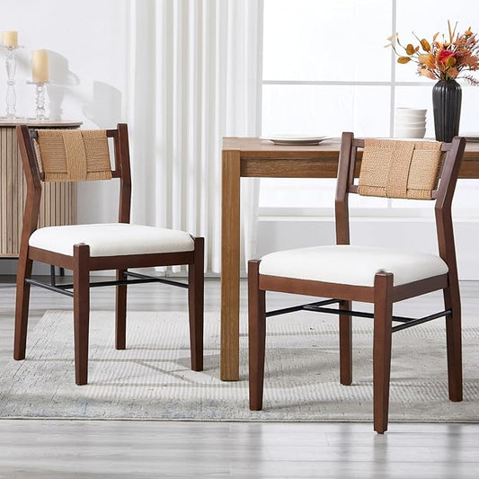 RIVOVA Farmhouse Woven Dining Chairs Set of 2 with Weave Paper Rope Back, White Chenille Upholstered Kitchen & Dining Room Chairs with Walnut Wood Legs, Mid-Century Armless Kitchen Side Chair