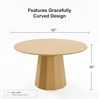 Casaphoria 52" Round Dining Table, Modern Wood Kitchen Table with Cone Shaped Strip Polygonal Base for Living Room & Dining Room, Easy Assembly Farmhouse Furniture for 4-6, Oak