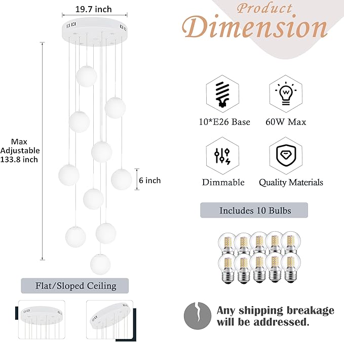 KoKo&Yukina Globe Pendant Light Adjustable Hanging Light Staircase Chandelier Milk Glass Pendant Lights with Milky White Glass Shade Globe Lights for Staircase