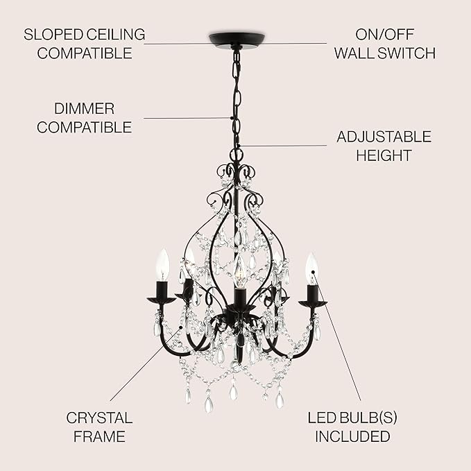 JONATHAN Y 17" Black 5-Light Crystal and Metal Chandelier, Traditional Cascading Beads, Adjustable Chain for Dining Room Entryway, UL Listed, LED Bulbs Included JYL9016A
