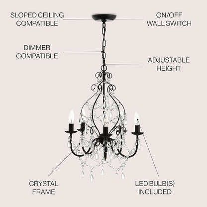 JONATHAN Y 17" Black 5-Light Crystal and Metal Chandelier, Traditional Cascading Beads, Adjustable Chain for Dining Room Entryway, UL Listed, LED Bulbs Included JYL9016A