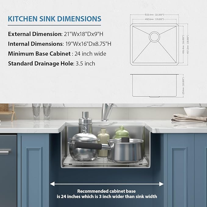 21 Bar Prep Sink Undermount - GhomeG 21x18 Undermount Kitchen Bar Sink Deep Single Bowl 16 Guage Stainless Steel Under Counter Small Bar Sink Basin With R10 Round Corners
