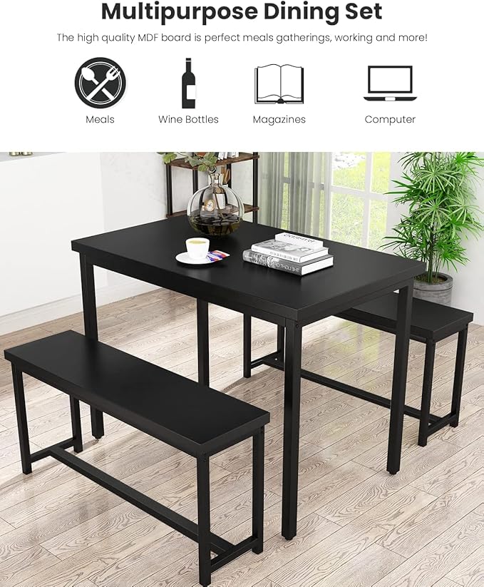 Recaceik 47” Dining Table Set for 4, 3-Piece Kitchen Table with 2 Benches, Wood Kitchen Table and Chair Set, Space-Saving Dining Room Set Dinette Set for Breakfast Nook and Small Space, Black