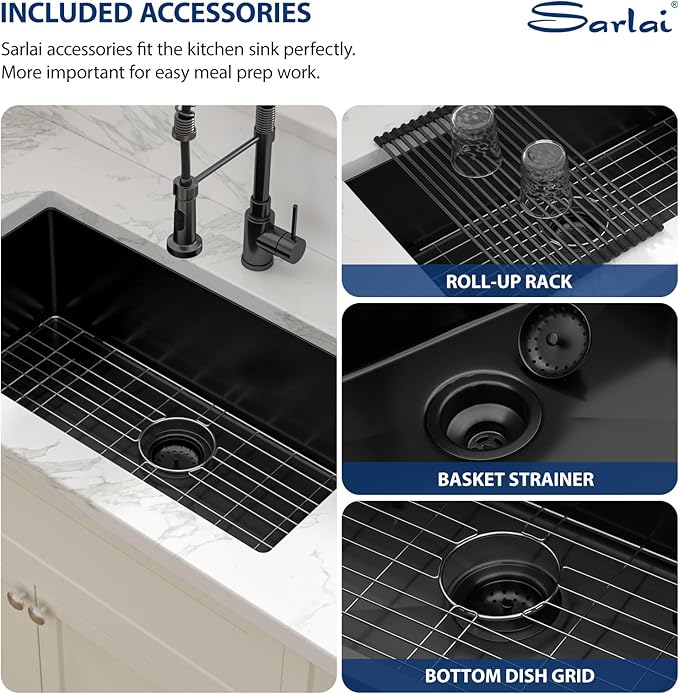 Sarlai 32 Matte Black Undermount Kitchen Sink - 32x19 Inch Kitchen Sink Undermount with Ledge NANO-Tech Round Corner 16 Gauge Stainless Steel Single Bowl Sinks Basin