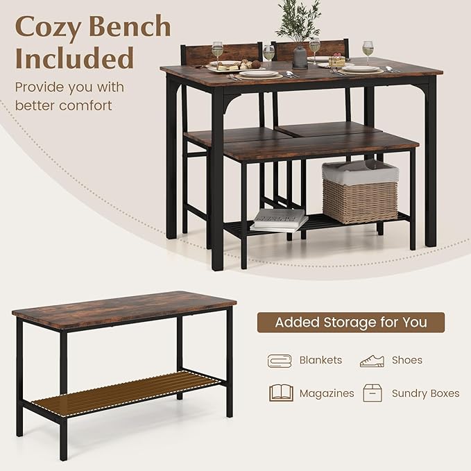 LDAILY Dining Table Set for 4, 4-Piece Wooden Kitchen Table and Chairs with Bench, Storage Rack & Metal Frame, Industrial Dining Room Table Set of 4 for Small Space, Apartment, Kitchen (Teak)