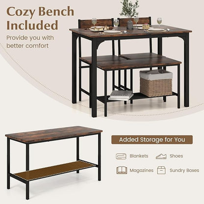 LDAILY Dining Table Set for 4, 4-Piece Wooden Kitchen Table and Chairs with Bench, Storage Rack & Metal Frame, Industrial Dining Room Table Set of 4 for Small Space, Apartment, Kitchen (Teak)