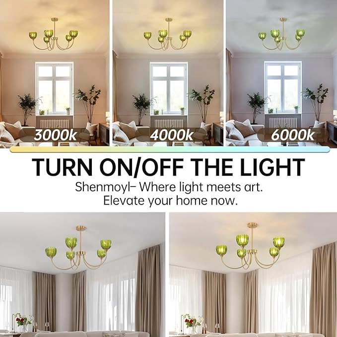 Shenmoyl 30.31" Brass Gold Chandelier, 5-Light Chandelier Light with Green Tulip Glass Lampshade, Height Adjustable Vintage Chandeliers for Dining Room Living Room Kitchen Island