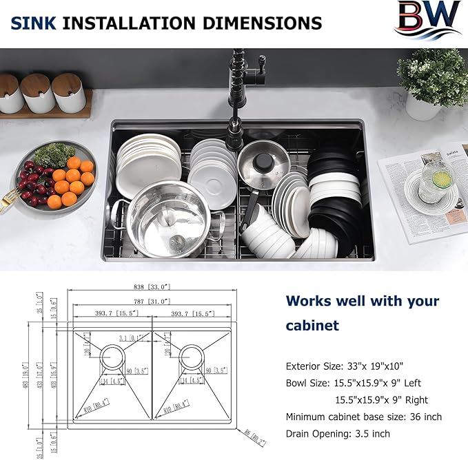 33 Inch Black Double Bowl Kitchen Sink Undermount- 16 Gauge Stainless Steel Undermount Workstation Kitchen Sink Double Bowl 50/50, 33x19 Inch