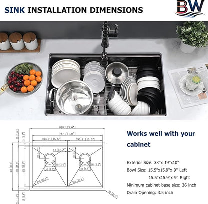 33 Inch Black Double Bowl Kitchen Sink Undermount- 16 Gauge Stainless Steel Undermount Workstation Kitchen Sink Double Bowl 50/50, 33x19 Inch