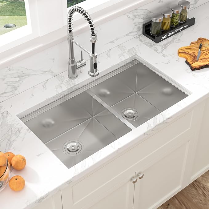 Sarlai 33 Kitchen Sink Double Bowl - 33x19 Inch Undermount Sink16 Gauge Stainless Steel Ledge Workstation Low Divide Double Bowl 60/40 Under Counter Kitchen SinK Basin