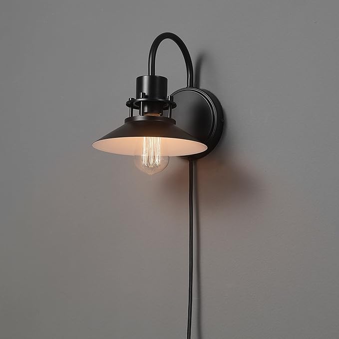 Globe Electric Wren 1-Light Plug-in or Hardwire Wall Sconce, Matte Black, 6ft Black Braided Fabric Designer Cord, in-Line On/Off Rocker Switch, Bulb Not Included