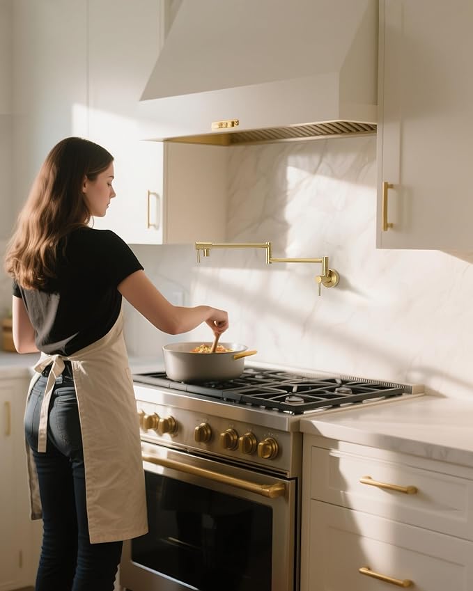 Fransiton Brushed Gold Pot Filler, Pot Filler Faucet Wall Mount, Brass Folding Stretchable with Double Joint Swing Arm Single Hole Two Handles Kitchen Restaurant