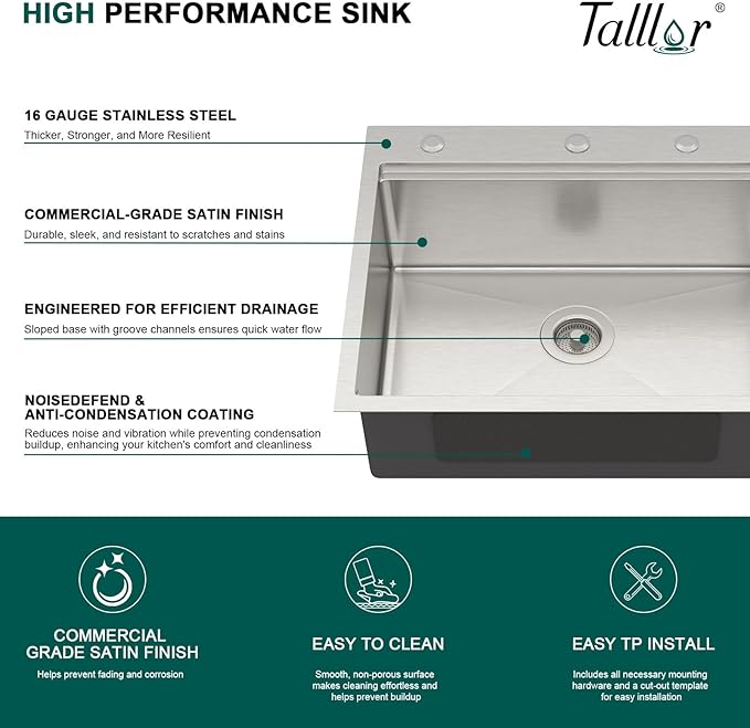 25 Inch Drop In Stainless Steel Kitchen Sink, 16 Gauge Single Bowl Workstation 3-Hole Sink with Mixing Bowl, Pasta Strainer #TLT-0047