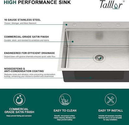 25 Inch Drop In Stainless Steel Kitchen Sink, 16 Gauge Single Bowl Workstation 3-Hole Sink with Mixing Bowl, Pasta Strainer #TLT-0047