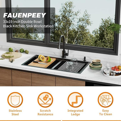 Black 33"x19" Kitchen Sink Workstation - 50/50 Double Bowl Stainless Steel Undermount Kitchen Sink Built-in Ledge Drop In Workstation Sink For Placing/Sliding Accessories-Cutting Board,Drying Rack