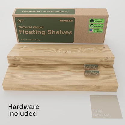 BAOBAB WORKSHOP Solid Wood Floating Shelves for Wall 20 Inch Wide, Wooden Shelf for Bathroom, Light Oak Floating Shelves for Room Wall Mounted Kitchen Farmhouse, Natural Wood, 20W × 6.7D, Set of 2
