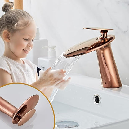 Wovier Rose Gold Waterfall Bathroom Sink Faucet,Single Handle Single Hole Brass Lavatory Vanity Faucet,Slanted Body Basin Mixer Tap with Supply Hose and Pop Up Drain Assembly