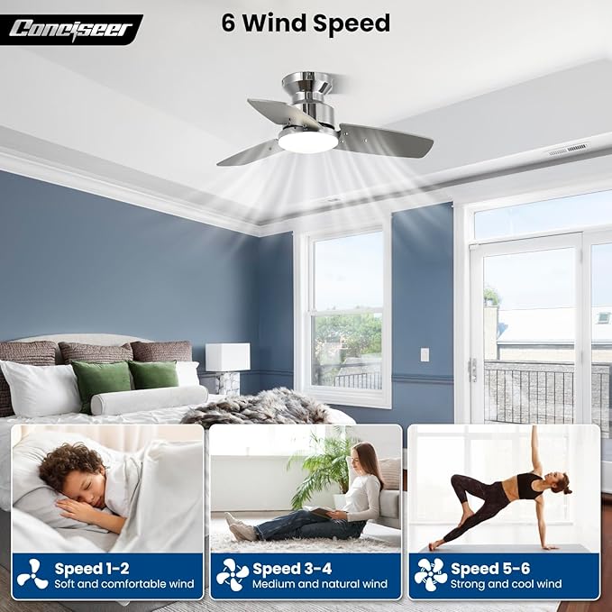 Conciseer 30 Inch Ceiling Fans with Lights and Remote, Bedroom Living Room Office, Flush Mount, 3CCT Dimmable, Dual Color 3 Blades 6 Speed Reversible Quiet DC Motor, Chrome-Plated/Wood Grain